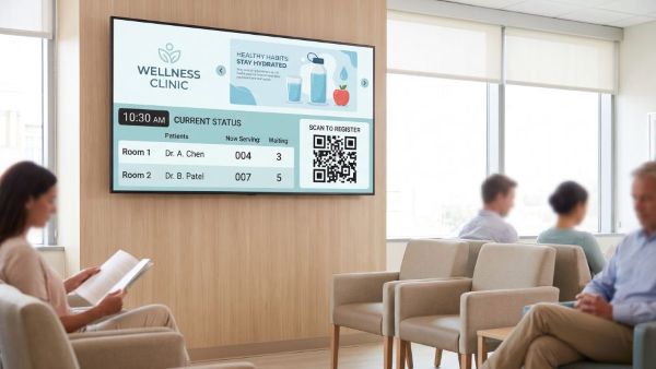 GOxCALL se puede aplicar en el sector salud, llamando a los pacientes por número mientras comparte un consejo de bienestar en la misma pantalla.