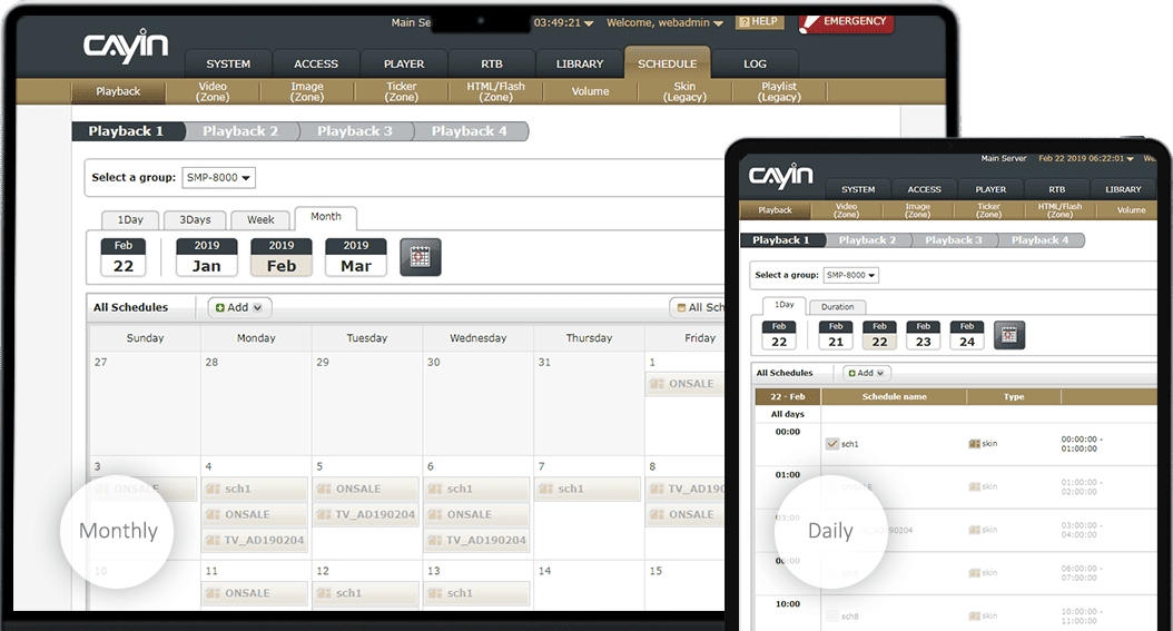 CMS-SE 2 modos de visualización: calendario e itinerario