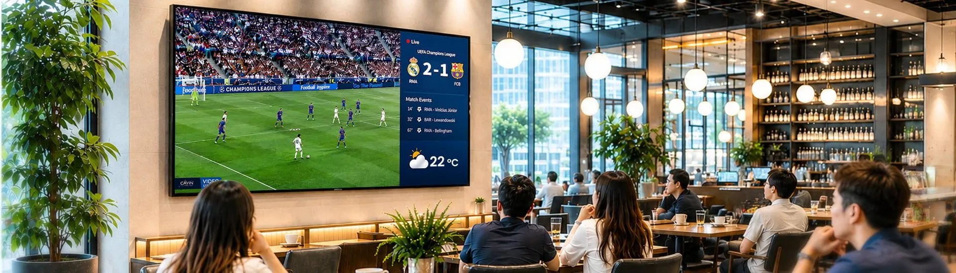 Écrans de stade affichant les scores, statistiques et images du match en direct pendant un événement