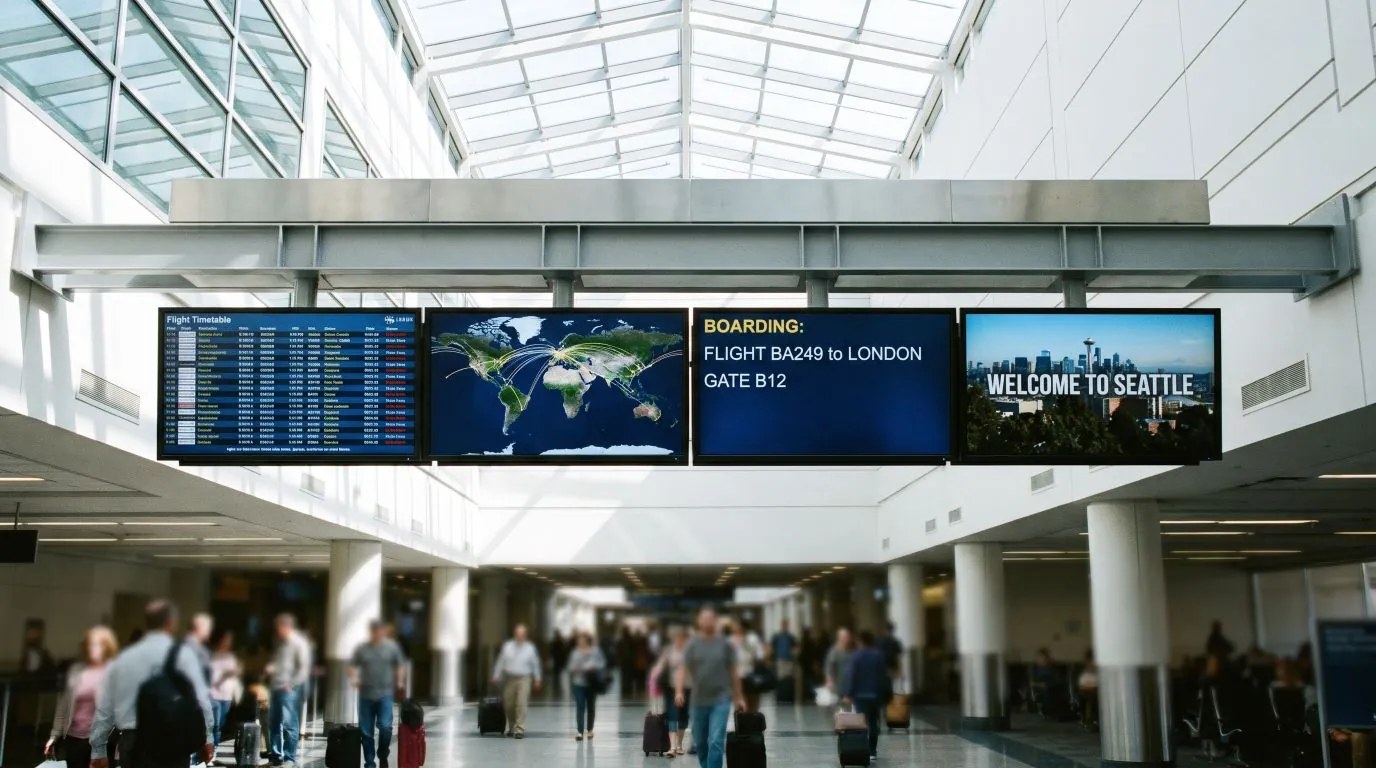 Écrans d'information côte à côte dans un terminal d'aéroport, affichant vols, lignes et annonces voyageurs