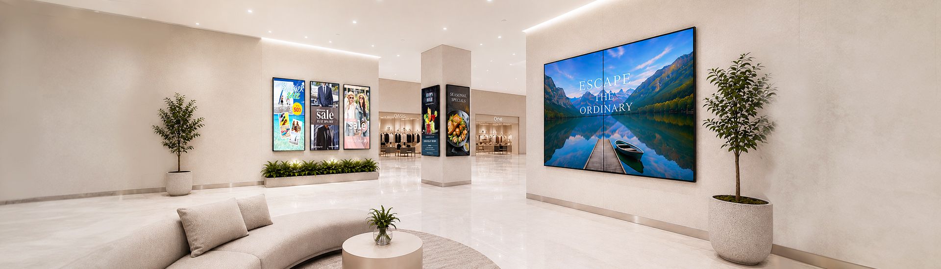 Affichage dynamique multi-écran dans un hall : le mur d'images et les écrans verticaux diffusent chacun un contenu différent