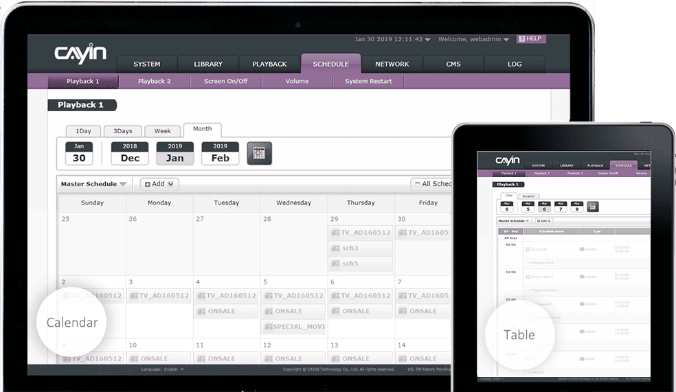 Viewing Modes For Digital Signage Playback Scheduling: Calendar view and Table View