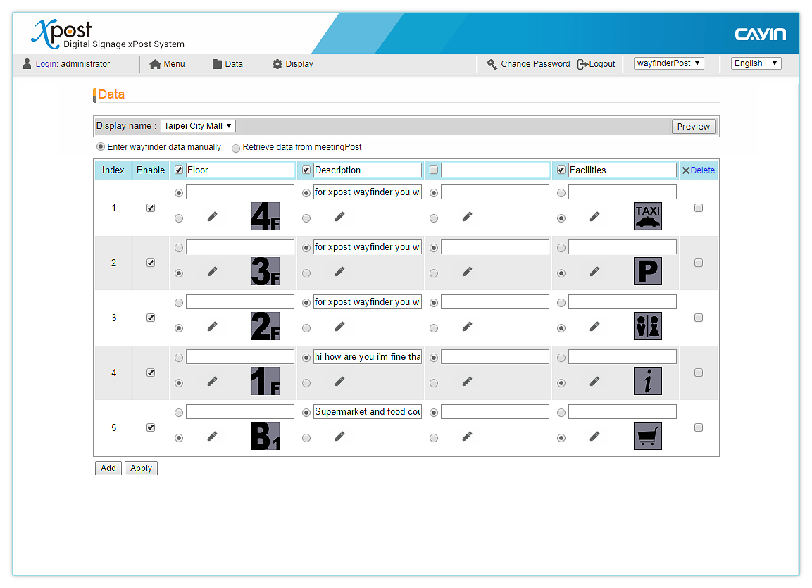 Enter wayfinder data manually