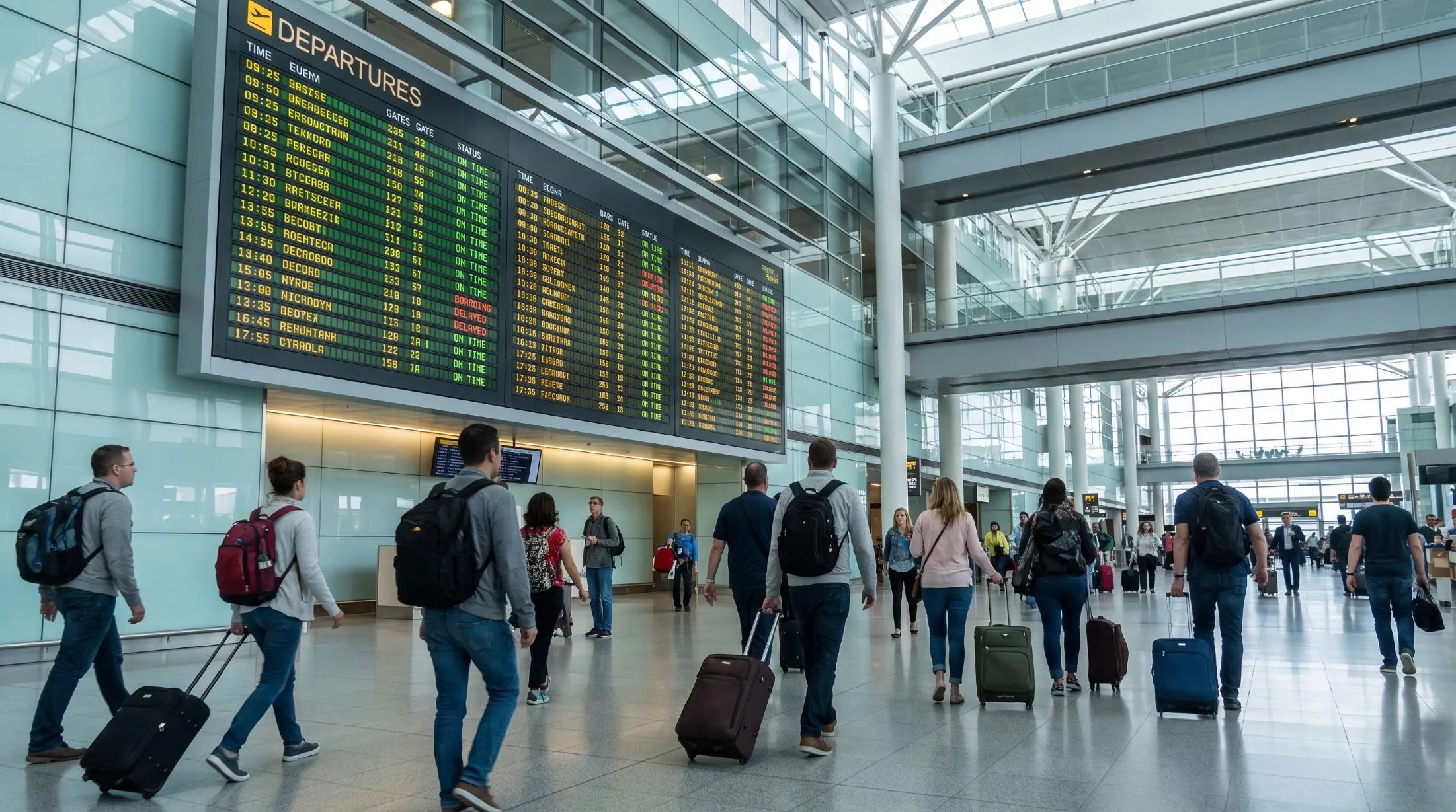 Airport flight information display reading live from the operations schedule