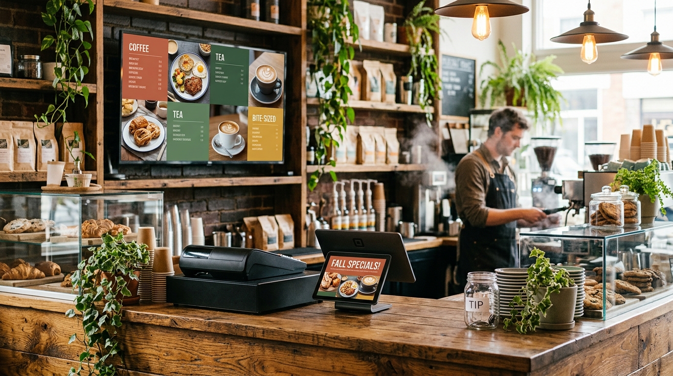 A coffee shop with a menu TV behind the bar and a tablet at the register