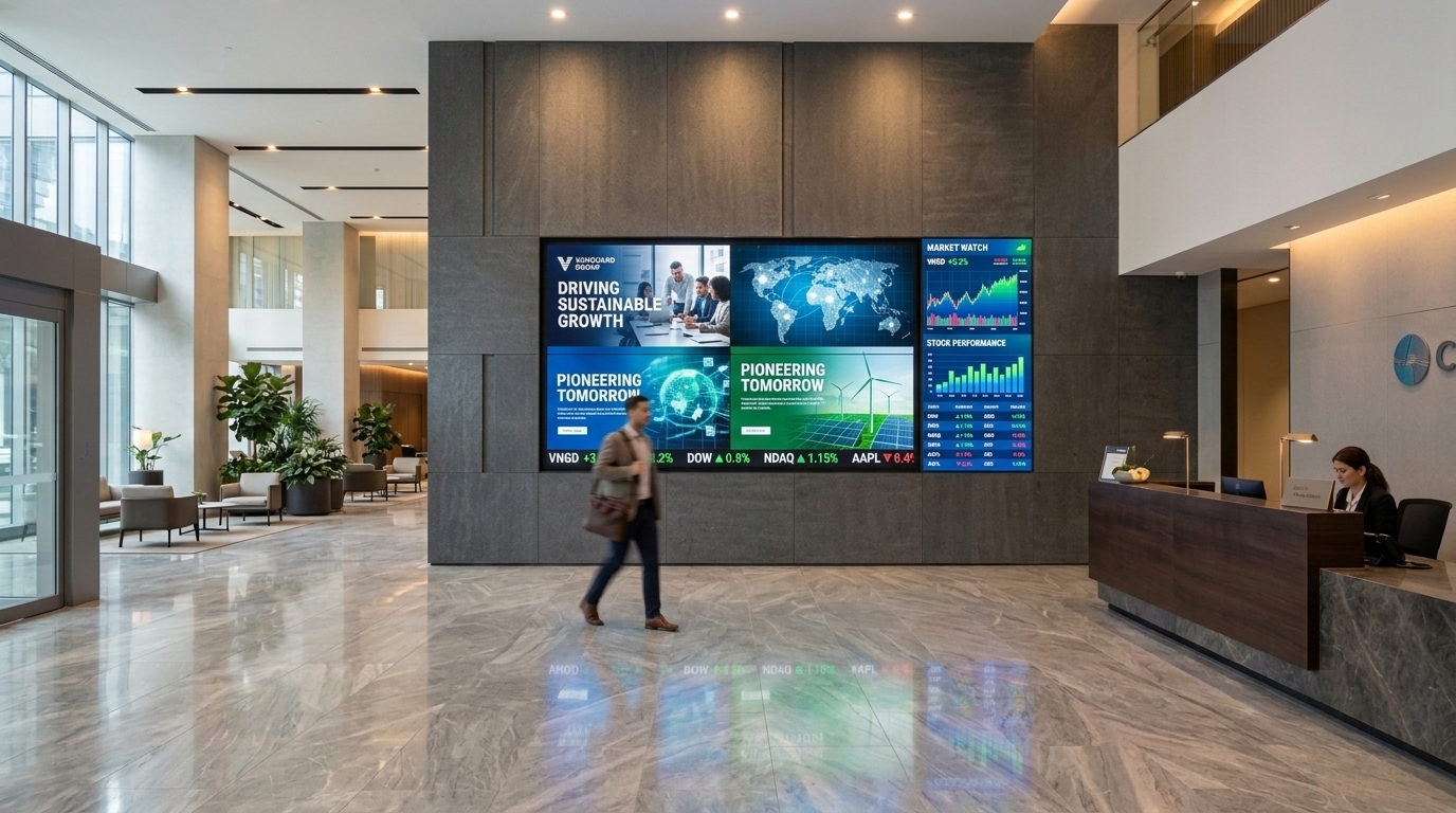 A four screen video wall in a corporate lobby