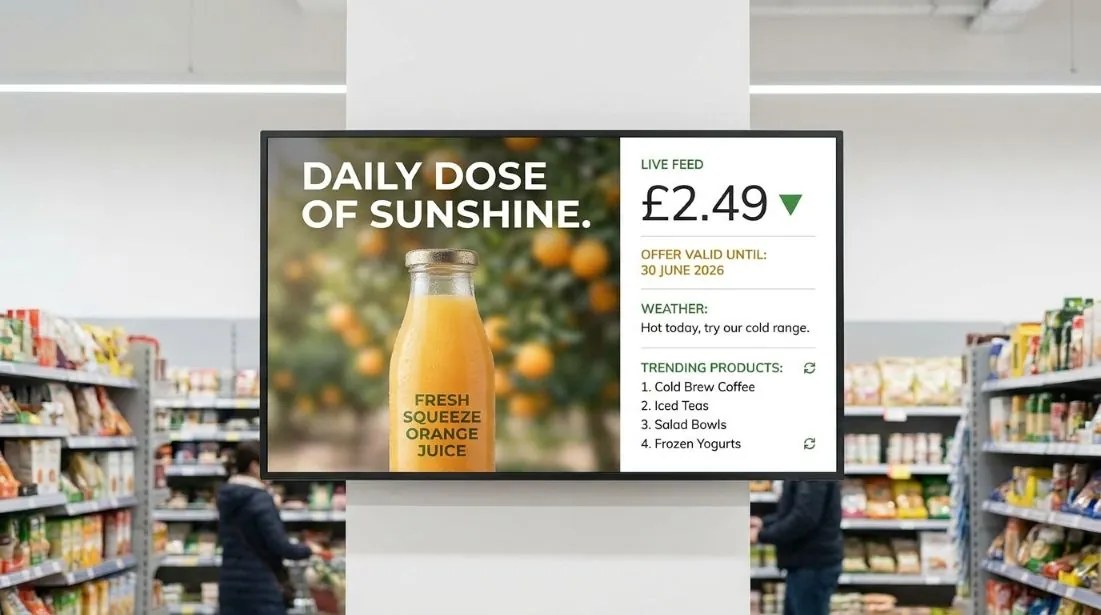 Retail brand display screen combining campaign content with a live price, offer date, and trending products