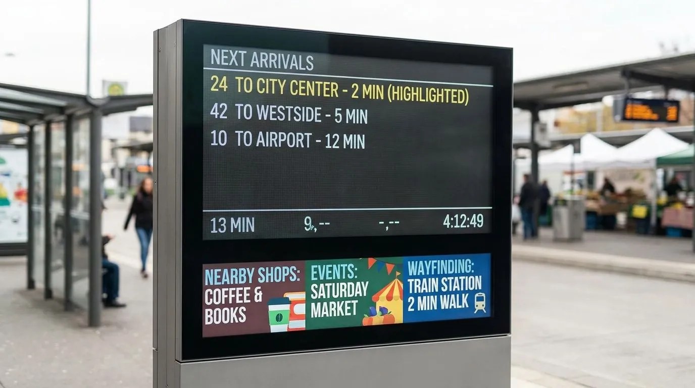 Fixed screen at a bus transfer station pulling the timetable and local content for that stop