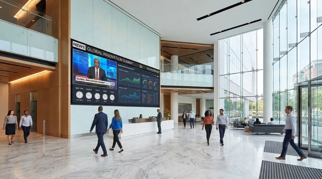 Corporate lobby screens showing live news, company feeds, and performance dashboards
