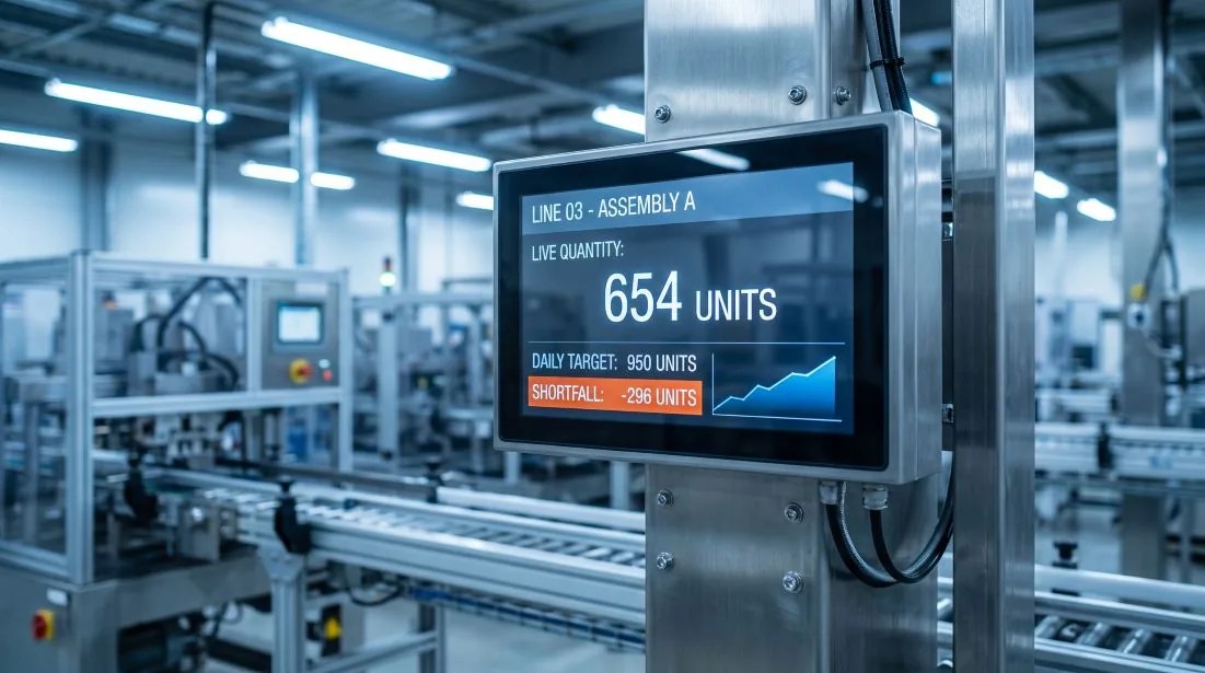 Factory production line display showing live output and shortfall against the daily target