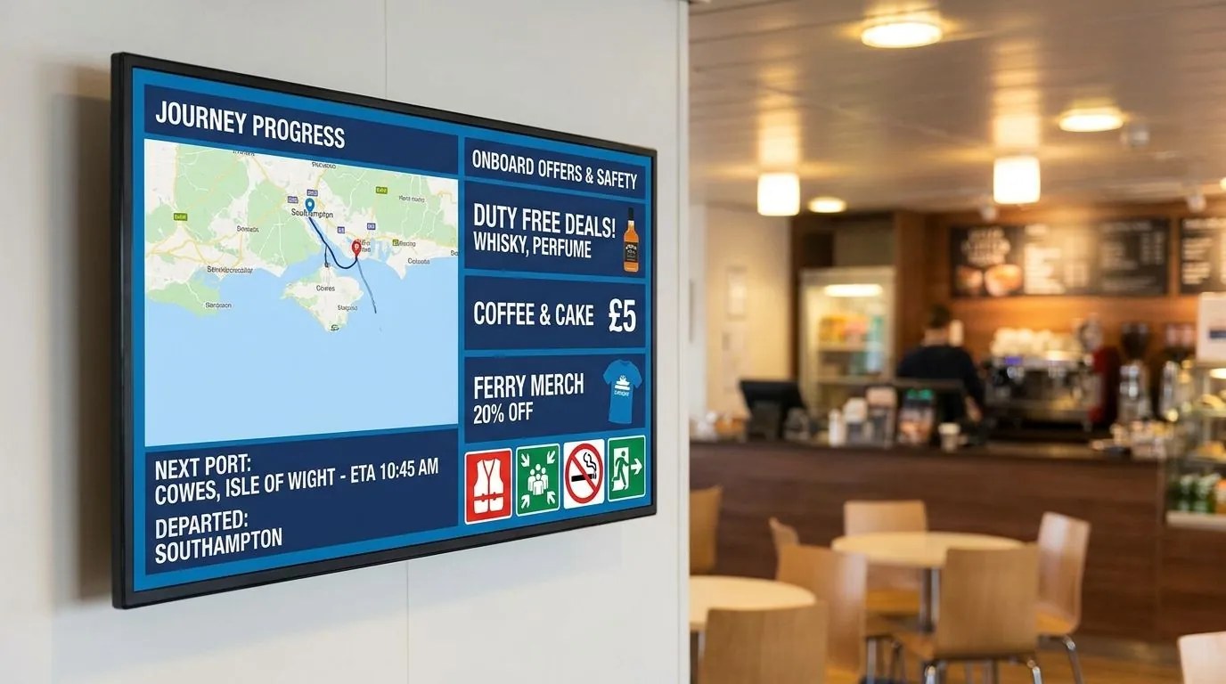 Onboard ferry screen switching between arrival, retail, and safety content by leg of the trip