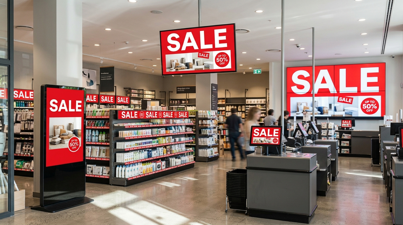 A chain store where every display shows the same sale campaign