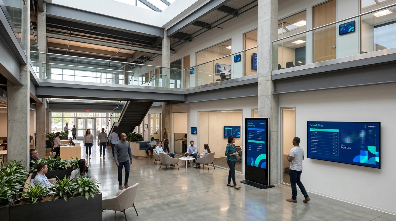 An office atrium with signage displays on the ground floor and TVs on the upper floor