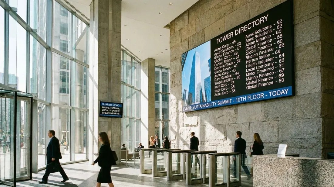 Office tower lobby screen running building directory, event notices, and shared feeds