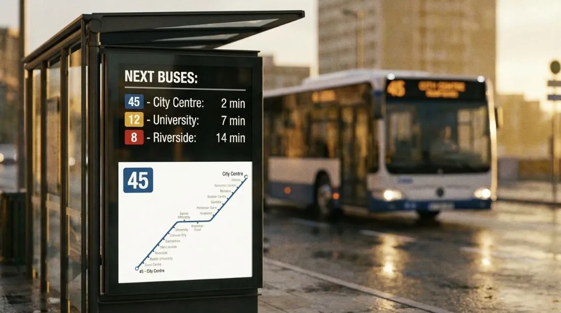 Smart bus stop screen showing live arrival times and route changes from the transit system