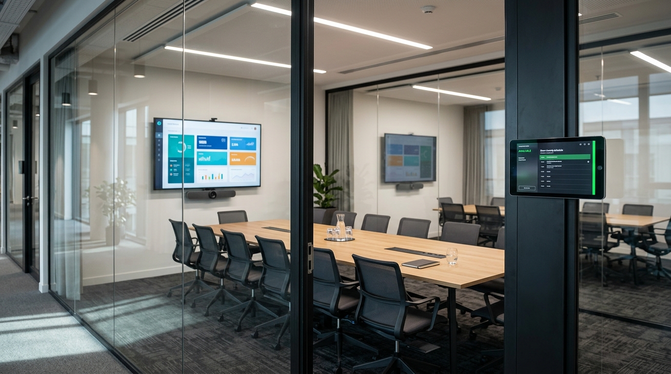 Smart TVs on the walls of glass meeting rooms
