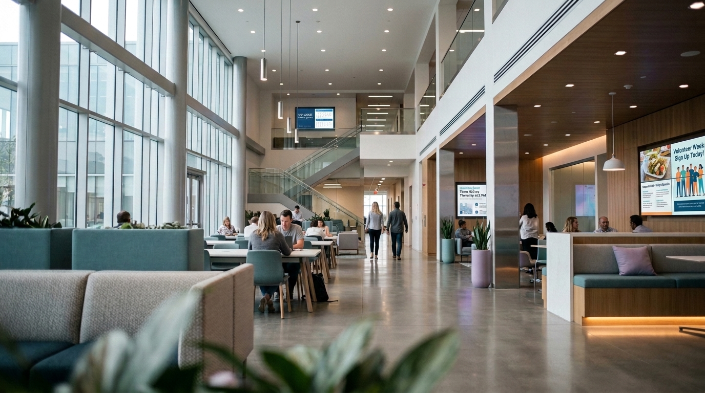 An office atrium with digital signage displays on several walls