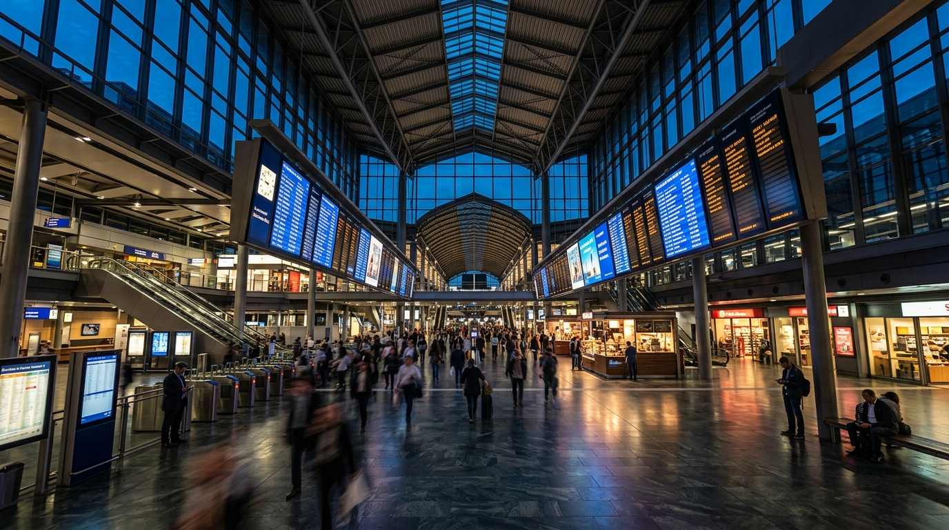 Rows of information displays in a train station concourse