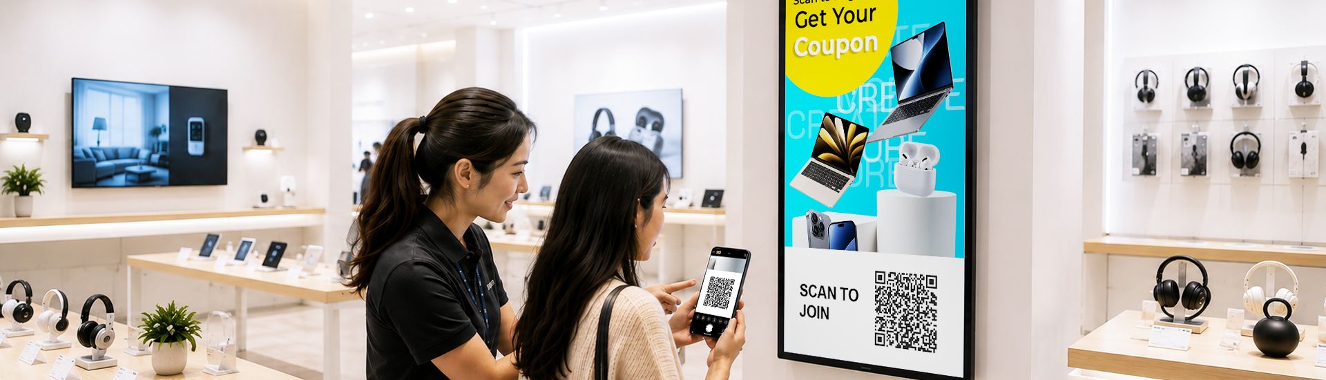 A visitor scanning a QR code on a digital signage screen with a smartphone