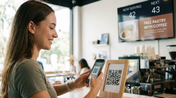Café customer scans a QR code to join the queue instantly through LINE.