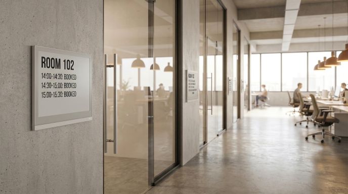 E-paper meeting room booking panels in an office