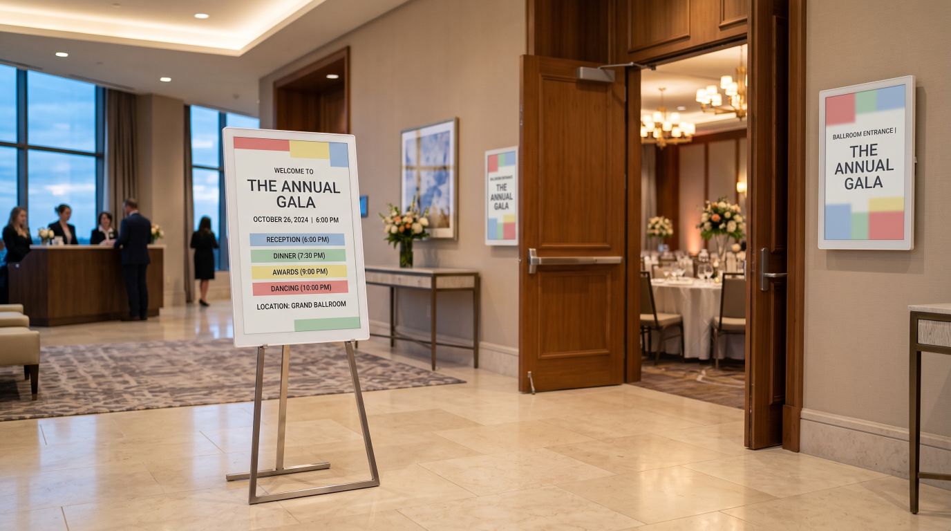 ePaper event signs at a hotel ballroom entrance