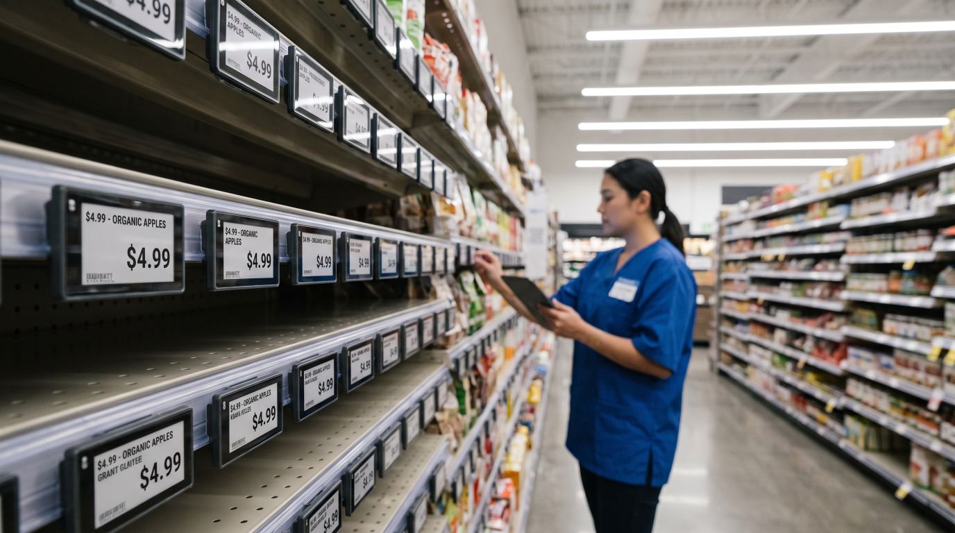 Electronic shelf labels along supermarket aisles