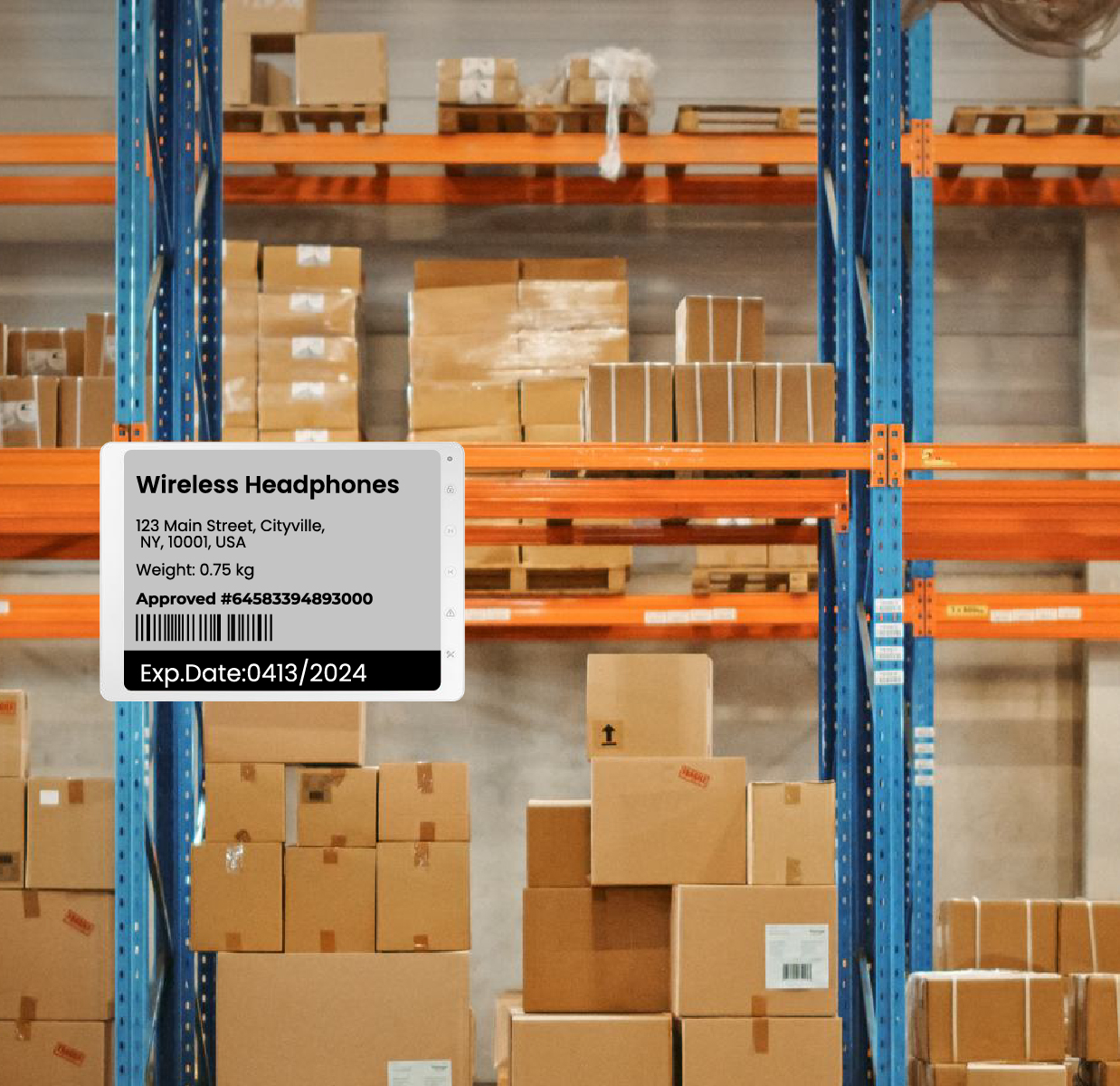E-paper shelf and bin labels on warehouse racking