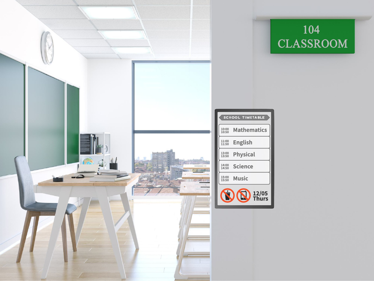 E-paper notice boards and room signs across a university campus