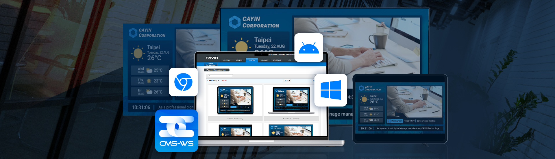 CMS-WS, servidor de señalización digital multiplataforma que gestiona dispositivos Windows, Android, Chrome y la aplicación CMS-WS Player