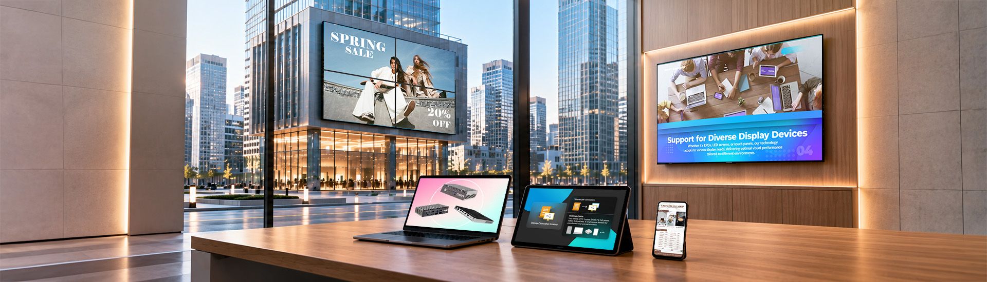 Digital signage on a video wall and a wall display, with a laptop, tablet and phone showing CAYIN content on a desk