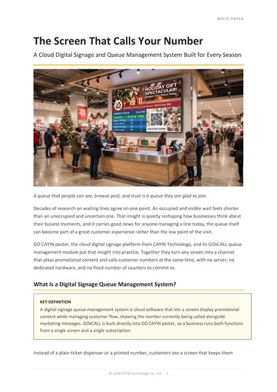 The Screen That Calls Your Number, a cloud digital signage and queue management system