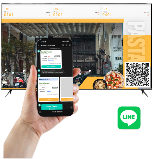 餐廳使用單一螢幕管理多組叫號，顧客透過 LINE 取號